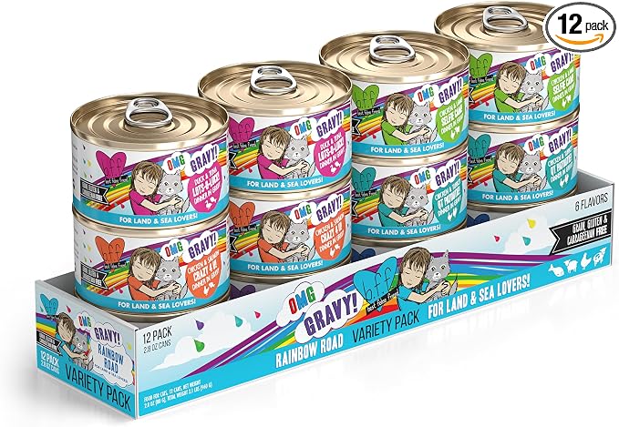 Weruva B.F.F. OMG - Best Feline Friend Oh My Gravy!, Variety Pack, Rainbow Road, Wet Cat Food By, 2.8oz Can (Pack of 12)