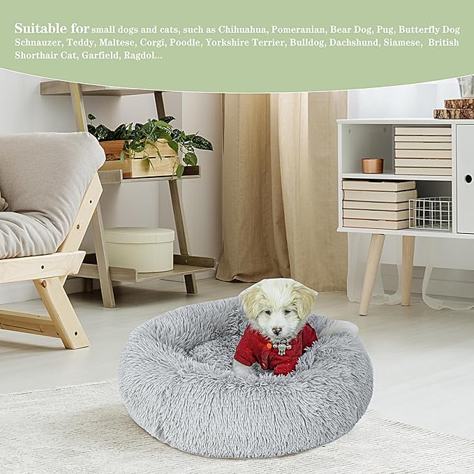 Calming Dog Bed for Small Dogs Cats, Kitty Puppy 23'' Round Anti-Anxiety Warm Fluffy Plush Faux Fur Bed, Soft Anti-Slip Donut Washable Small Pet Bed, Cozy Cat Puppy Bed, Fits up to 30 lbs Pets