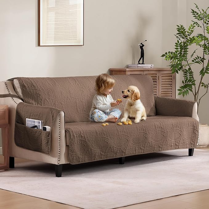 Quilted Grand Sofa Covers for 4 Cushion Couch, Couch Cover for Grand Sofa Washable, Soft Cozy Couch Protector, Oversized Grand Sofa Slipcovers Water-Repellent (Grand Sofa 98", Raw Umber)