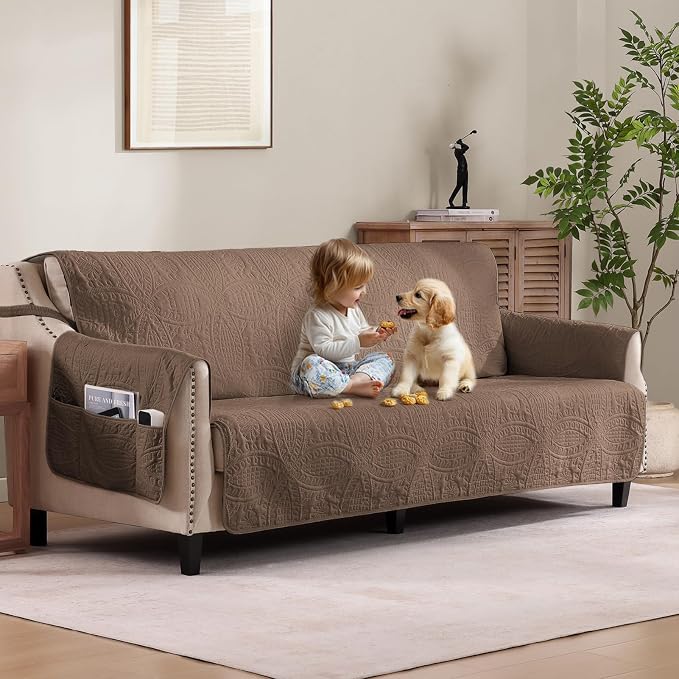 Soft Quilted Couch Cover with Pockets for Extra-Large Sofa, Anti-Slip Sofa Covers Washable for 3 Cushion Pet Friendly, Oversized Sofa Cover Water-Repellent (X-Large Sofa 78", Raw Umber)