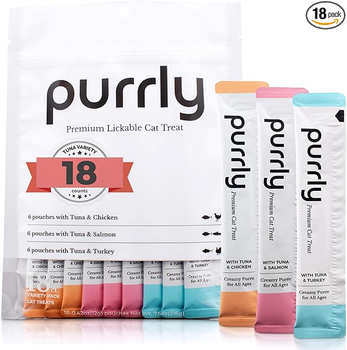 Purrly Cat Treat Snack Wet Lickable Low Calorie Healthy Grain-Free Tuna Variety Packs (18 Count) Squeezable Creamy Purée with Human-Grade Proteins and Functional Nutrients No-Artificial-Additives