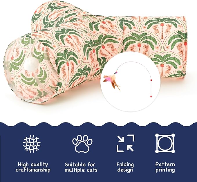 Tempcore Cat Tunnel for Indoor Cats, 3 Way Collapsible Pet Play Tunnel with Teaser Wand, Peek Holes & Hanging Ball, Interactive Tube for Kittens & Rabbits, Khaki Coconut Tree