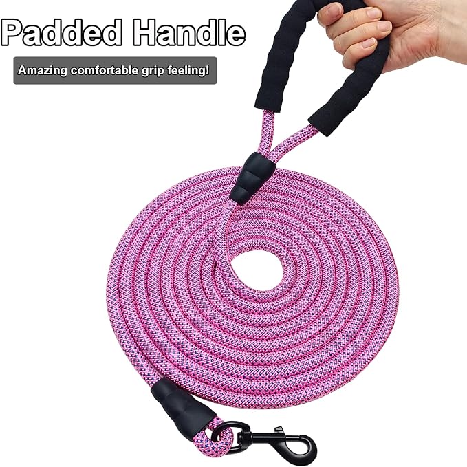 MayPaw Heavy Duty Rope Dog Leash, 3/4/5/6/7/8/10/12/15 FT Nylon Pet Leash, Soft Padded Handle Thick Lead Leashes for Large Medium Dogs (Pink-Blue dot, 1/2" * 12')