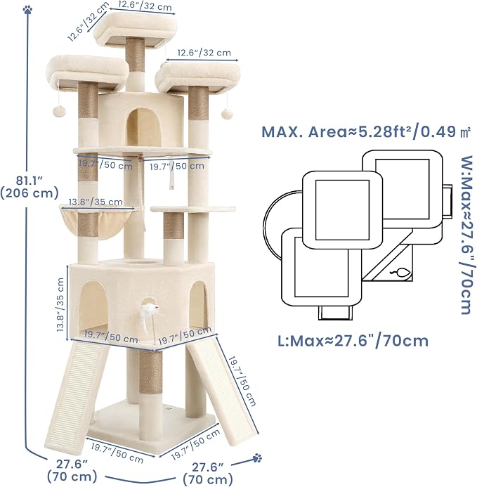 Cat Tree, 81.1-Inch Tall Heavy Duty Cat Tower with Diamond-Shaped Condo for Large Cats, Cat Furniture with 3 Wide Platforms, 2 Sisal Scratchers, Hammock & Stable Base, Beige VCT032MJ