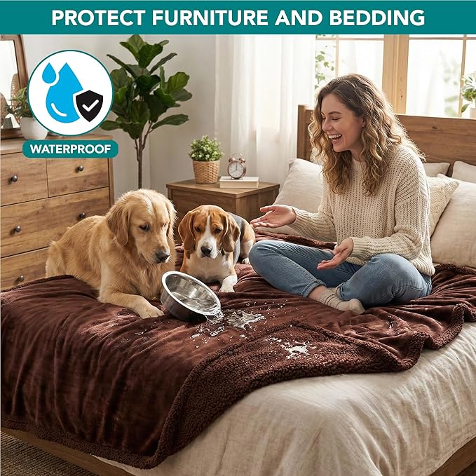 PetAmi Waterproof Dog Blanket for Couch, Queen 90x90, Pee Proof Sherpa Fleece Reversible Pet Throw, Furniture Protector for Bed Sofa, Soft Washable Cover for Large Dogs Cats, Brown Sherpa