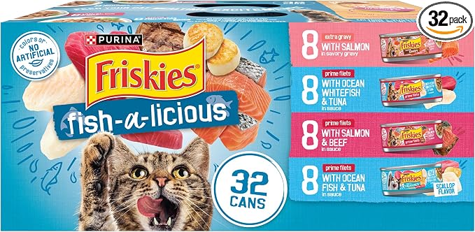 Purina Friskies Wet Cat Food Variety Pack Fish-A-Licious Extra Gravy, Prime Filets and Tasty Treasures - (Pack of 32) 5.5 oz. Cans