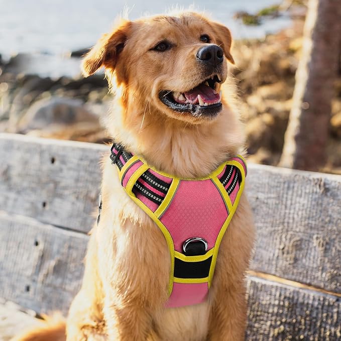 rabbitgoo Dog Harness for Large Dogs, 3 Buckles Easy On & Off No Pull Pet Vest, Soft Padded Walking Pet Harness with Control Handle, Adjustable and Reflective, Pink & Yellow, XL