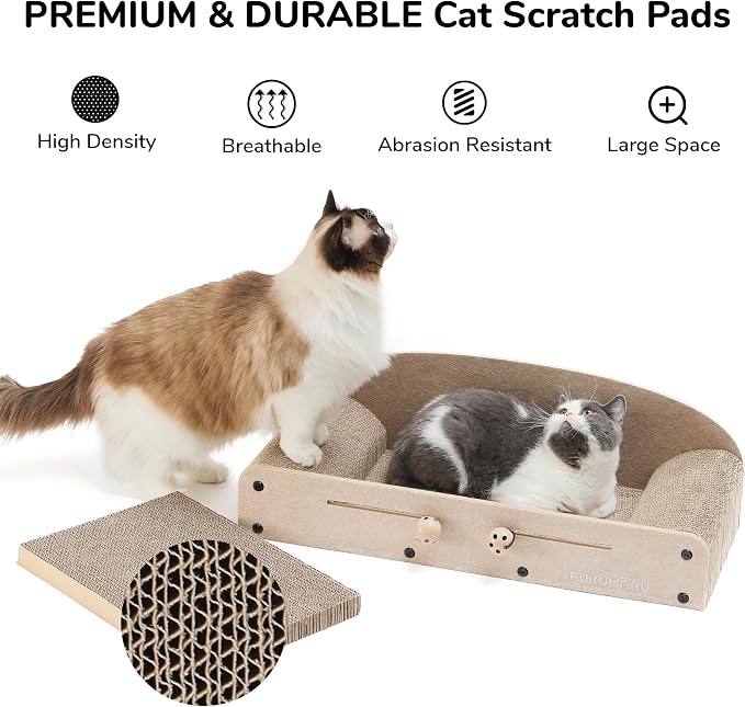 FUKUMARU 26 Inch Cat Scratcher Bed, 2 Reversible Cardboard Cat Scratch Pads Refill for Indoor Cats, Durable Large Cats Scratching Bed Sofa Couch Lounger with Fun Toys, Furniture Protector, Beige