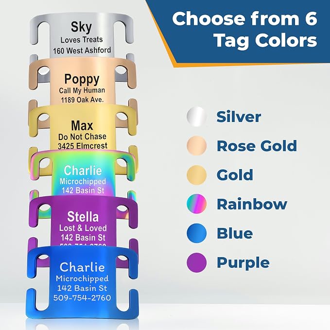 GoTags Personalized Dog ID Tag Collar, Adjustable Nameplate Collar with Custom Engraved Steel Slide On Pet Tag, Silent, No Noise Identification Name Number Many Color Options (Reflective, Small)