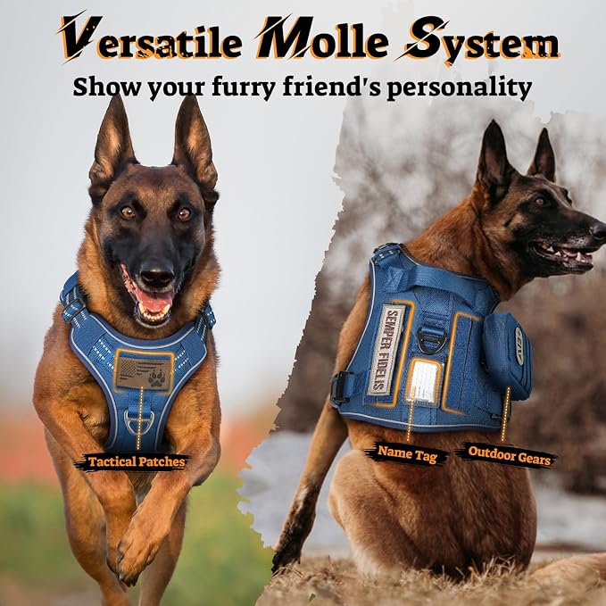 rabbitgoo Tactical Dog Harness for Large Dogs No Pull Adjustable Military Vest with Handle MOLLE Reflective Heavy Duty Dog Vest for Walking Training Hunting Outdoor Working Medium Size Dog Blue L