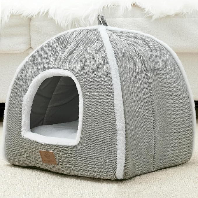 Cat Beds for Indoor Cats-Cat Bed Cave House Tent for Kittens and Small Pets with Washable Cushioned,Soft and Warm Indoor House, Grey, 15 inches