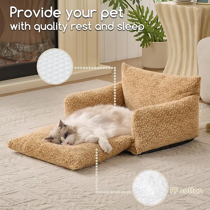 Hollypet Cat Bed Fluffy Plush Multifunctional Double-Layer Machine Washable Soft Warming Kitty Pet Couch Orthopedic Nest Beds for Small Cats Kitten and Dogs up to 13lbs, Yellow Leopard(25x20x13 inch)