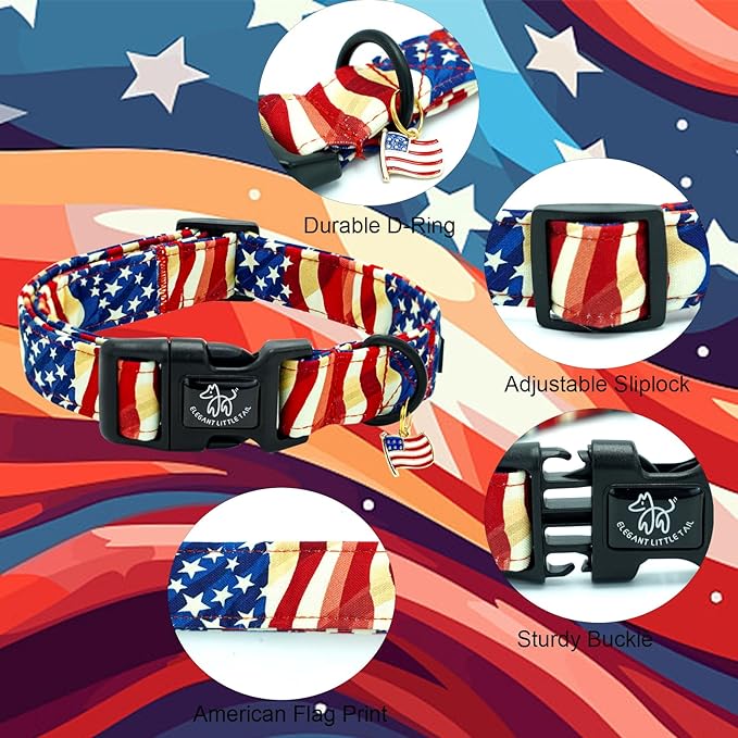 Elegant little tail Independence Dog Collar, 4th of July Holiday Pet Collars Cotton Patriotic Puppy Girl or Boy Soft Pet Gift Adjustable Dog Collar for Small Medium Large Dogs