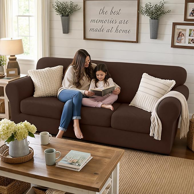 XINEAGE 2026 New 4 Pieces Extra Large Couch Covers for 3 Cushion Sofa Super Stretch Sofa Cover for 3 Large Seat Cushion Universal Fitted Slip Cover for Living Room (Coffee), 91"-110"(3 Cushions)