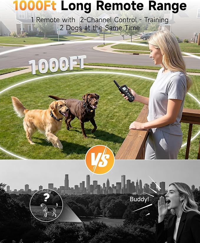 PATPET Dog Shock Collar - Rechargeable Dog Training Collar with Remote for Medium Large Dogs, 3 Training Modes (Beep/Vibration/Shock) IPX7 Waterproof 1000Ft Electric Dog Collar (Black for 2dogs)