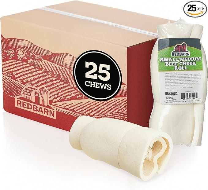Redbarn Pet Products All-Natural Beef Cheek Rolls for Dogs, Grain-Free Cow Cheeks, Naturally Rich in Collagen, Available in Chicken & Carrot Glaze or Uncoated (Original, Small/Medium (Pack of 25))