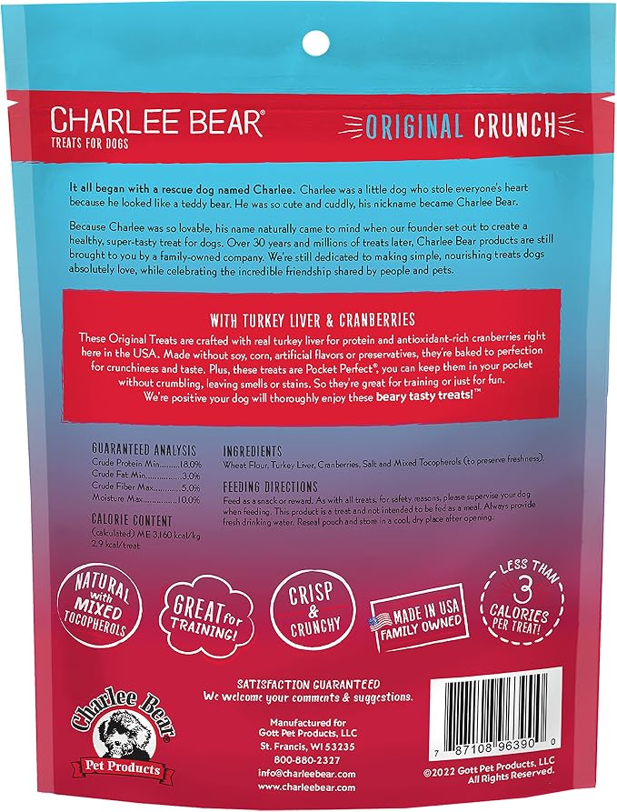 Charlee Bear Dog Training Treats, Turkey Liver & Cranberries Recipe, Low Calorie (Under 3 Calories), Limited Ingredient Crunchy Dog Treats, 16 oz. Resealable Bag