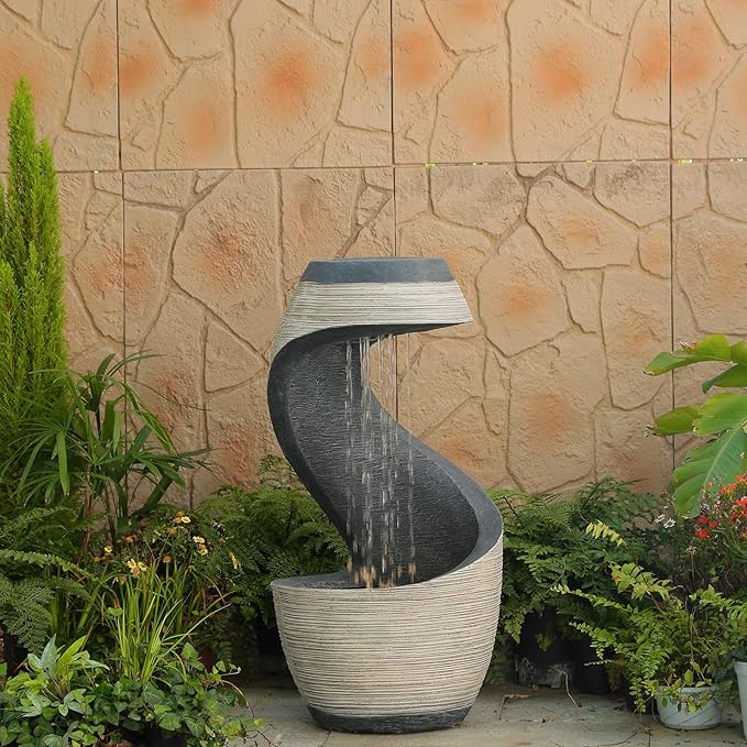 37" S-Shaped Outdoor Water Fountain with LED Lights, Modern Resin Cascading Waterfall Feature for Garden, Patio, Backyard or Porch, Large Decorative Zen Water Feature – 21" L x 21" W x 37.9" H
