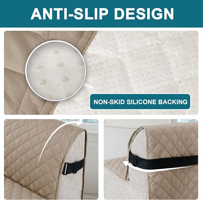 Turquoize 100% Waterproof Futon Cover Futon Slipcover Washable Armless Sofa Bed Slipcover Protector Seat Width Up to 70" with Adjustable Elastic Strap Anti-Slip for Dogs, Khaki