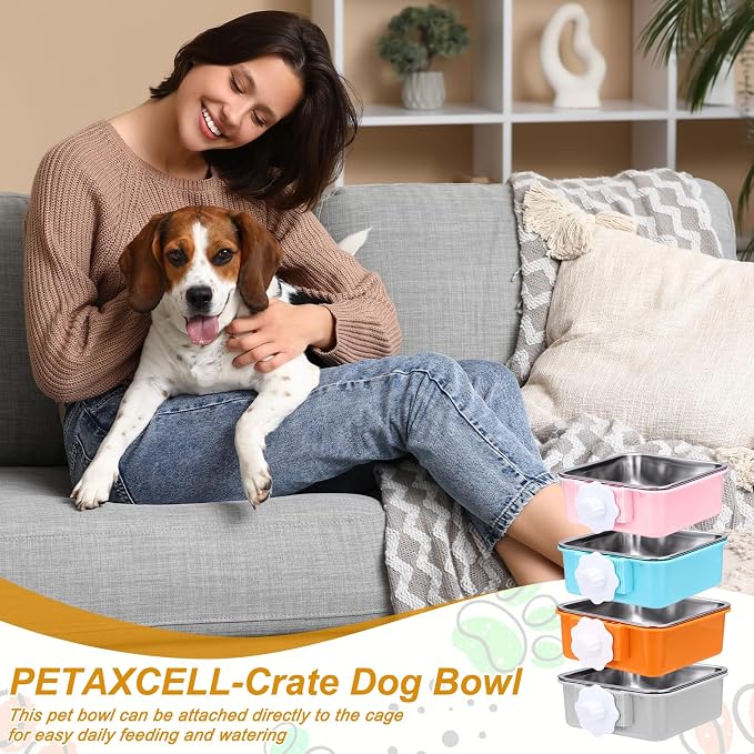Crate Dog Bowl, Removable Stainless Steel Pet Cage Hanging Anti-Overturn Food Water Feeder Cage Cup (Square, Pink, 11.1oz), Intended for Puppies/Cat/Rabbit/Bird