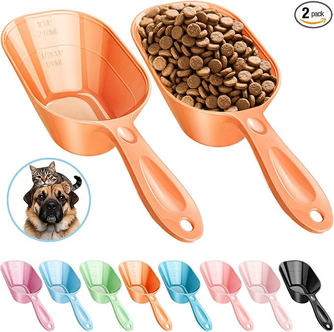 Dog Food Scoop 2 Pack, Pet Cup Capacity Cat Food Scooper With Measuring Lines For Dog, Puppy and Cat Coffee Bean, Flour Scoop Orange