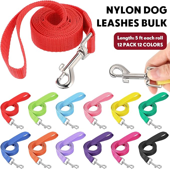 Hillban 12 Pcs Nylon Puppy Training Leash Bulk 5ft Dog Leash for House Line 12 Colors Puppy Line Traction Rope for Small Medium Dog Training, Play, Camping, or Backyard(Modern Colors)