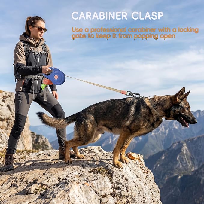 Retractable Dog Leash 16FT for Small & Medium Dogs, Sturdy Heavy-Duty Nylon Tape with Secure Locking Carabiner & Poop Bag Holder, Smooth One-Hand Control, Anti-Slip Handle, Tangle-Free Design (Blue)