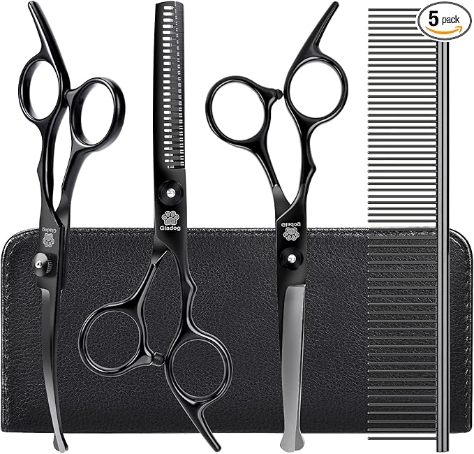 Dog Grooming Scissors Kit with Safety Round Tips, GLADOG Professional 5 in 1 Grooming Scissors for Dogs