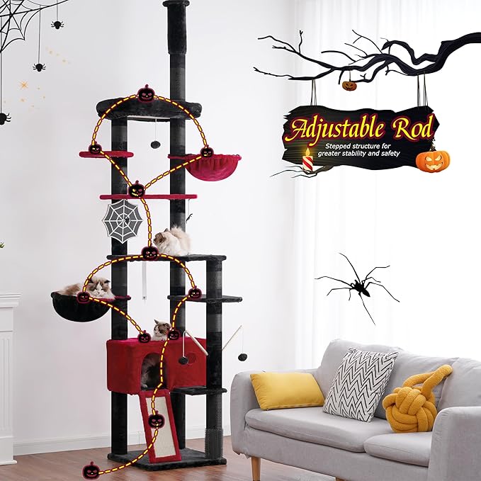 Hey-brother Gothic Cat Tree, 98.4-110.2 Inches Floor to Ceiling Cat Tree-Adjustable Height, Tall Cat Climbing Tower for Cats Large Adult with Scratching Post, Cat cando, Black and Red 0MPJ091BR
