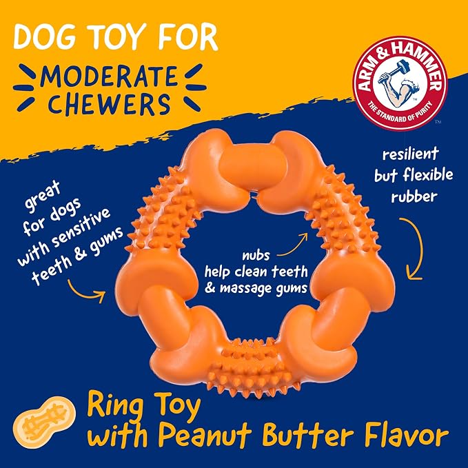 Arm & Hammer Nubbies Dog Dental Chew Toy, Rubber Ring, Peanut Butter Flavor, for Moderate Chewers, Reduces Plaque and Tartar Buildup, Baking Soda Infused, No Stuffing