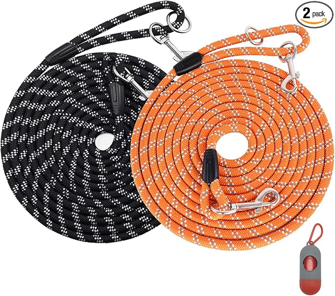 (2 Pack) Long Dog Leash for Dog Training 15FT/30FT/50FT, Dog Rope Check Cord with Reflective Thread for Large Medium Small Dogs, Dog Tie-Out Cable Lead for Hunting, Camping/Backyard