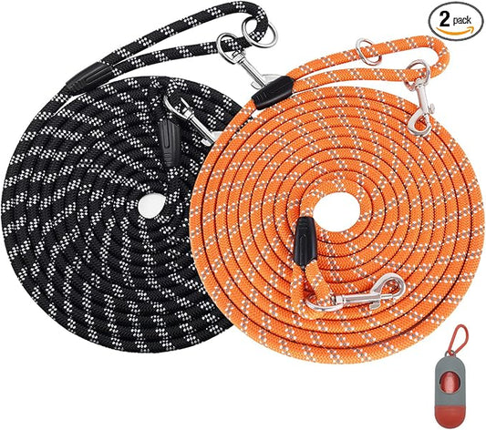 (2 Pack) Long Dog Leash for Dog Training 15FT/30FT/50FT, Dog Rope Check Cord with Reflective Thread for Large Medium Small Dogs, Dog Tie-Out Cable Lead for Hunting, Camping/Backyard