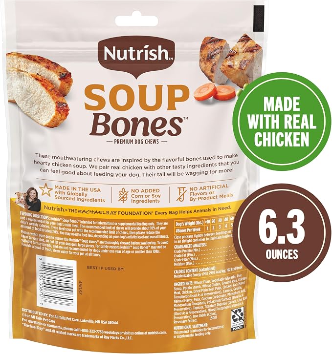 Nutrish Soup Bones Premium Dog Chews with Real Chicken and Veggies, 6.3 oz. Bag, Pack of 8 (Rachael Ray)