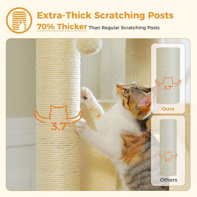MUTTROS Large Cat Tree with Reinforced Scratching Posts (φ3.7in) for Big Adult Cats 30 lbs, 57.8" Heavy Duty Cat Tower with Larger Hammock and Condo, Cat Furniture for Maine Coon, Plush,Beige