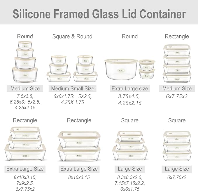 Urban Green Glass Food Container Set with Glass Lid, 3 Pack, Meal Prep Containers with Silicone Framed Airtight Lid, Leakproof, 100% Plastic Free,
