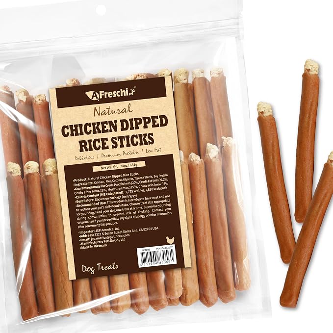 Afreschi Chicken Dog Treats, All Natural, Healthy & Easily Digestible, Grain-Free Puppy Chews, Low-Fat, Human Grade Training & Rewards Dog Snacks, Rice Sticks, 24 oz Pack