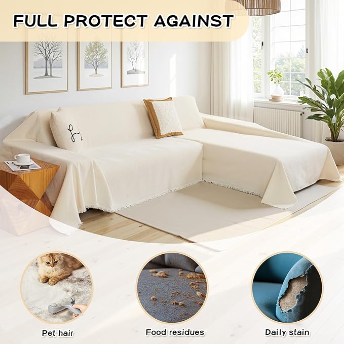 MYSKY HOME Couch Cover for Sectional Sofa, 2 Pieces Chenille Couch Covers for L Shape Sofa Cover, Furniture Protector for Pets, Kids, Sofa Slipcover for 2-3 Cushion Couch (71"x118"+71"x118", Beige)