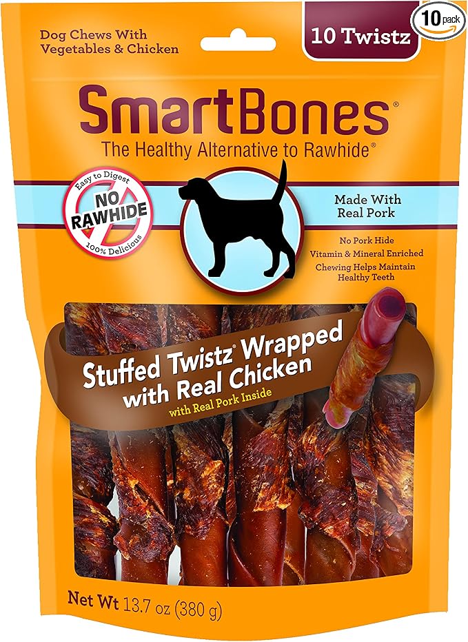 SmartBones Chicken Wrapped Stuffed Twists, Treat Your Dog to a Rawhide-Free Chew Made with Real Meat and Vegetables, 10 Count