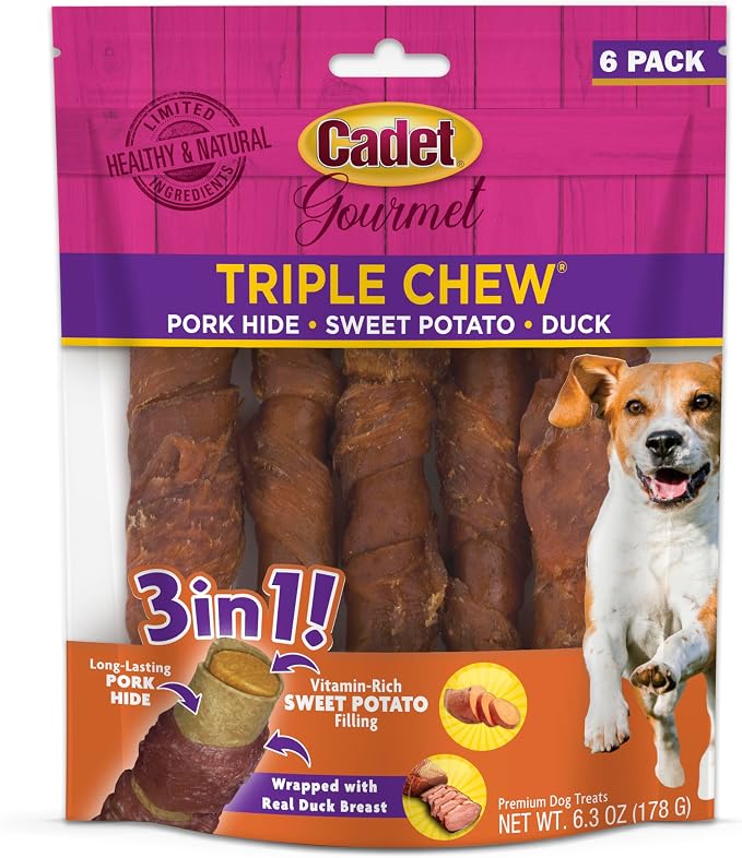 Cadet Gourmet Triple Chews Long-Lasting Pork Hide Sticks with Sweet Potato and Duck, Healthy Dog Treats for Small & Large Dogs, 18 Count