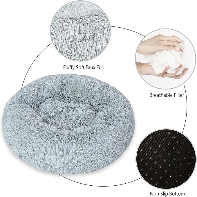 Calming Dog Bed for Small Dogs Cats, Kitty Puppy 23'' Round Anti-Anxiety Warm Fluffy Plush Faux Fur Bed, Soft Anti-Slip Donut Washable Small Pet Bed, Cozy Cat Puppy Bed, Fits up to 30 lbs Pets