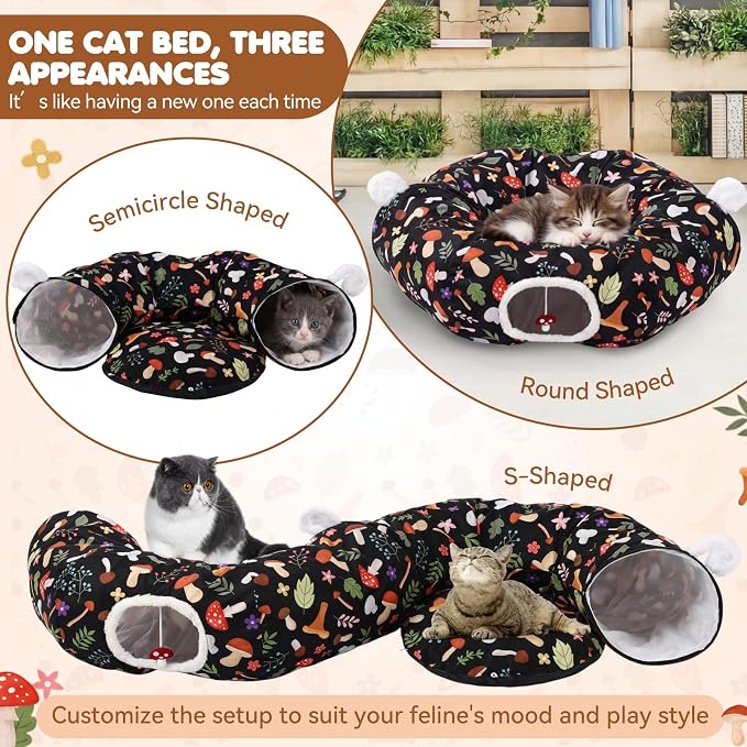 Aliceset Mushroom Spring Cat Tunnel Bed for Indoor Cats 3ft x 3ft x 10in Foldable Cat Donut Tunnel with Washable Cushion Mushroom Pet Peekaboo Cave Toy for Small Kitten Kitty