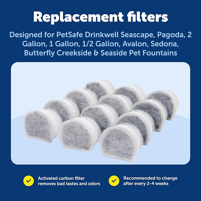 PetSafe Drinkwell Replacement Carbon Filters - Compatible with Drinkwell 1/2 Gallon, 1 Gallon, 2 Gallon, Avalon, Pagoda, Sedona and Seascape Fountains, 12-Pack