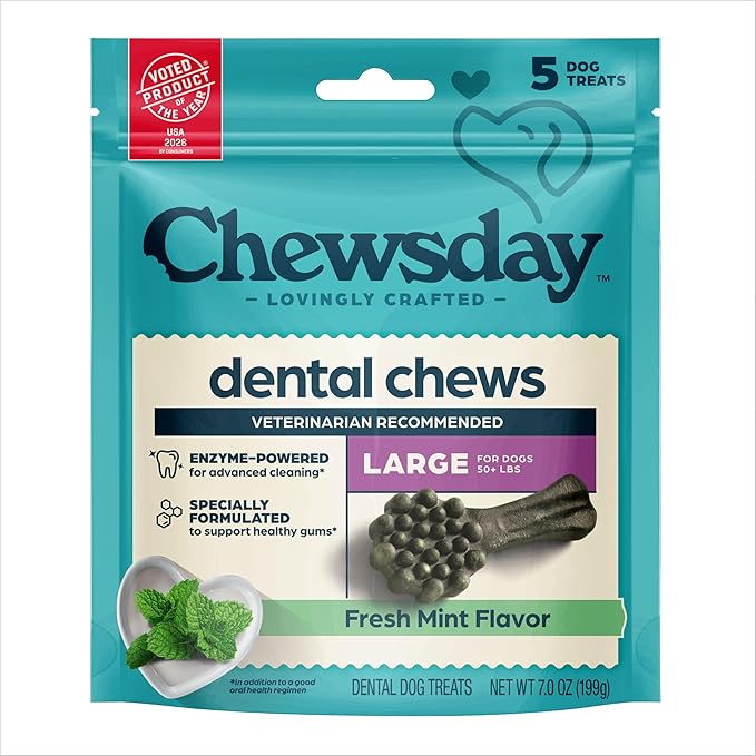 Chewsday Fresh Mint Flavor Dental Chews, Large Dog Treats, Healthier Teeth and Fresher Breath, Enzyme Powered for Advanced Cleaning, Made in the USA, 5 Count