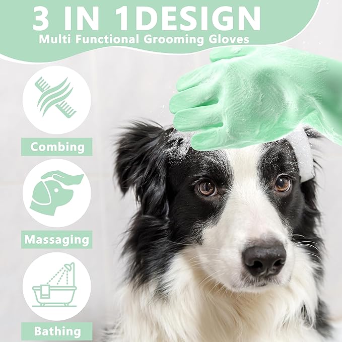 Pet Grooming Gloves—Dog Washing Gloves with High-Density Teeth, Dog Bath Scrubber with Enhanced Five Finger Design, Silicone Gloves for Dogs and Cats Bathing, Massage (Green)