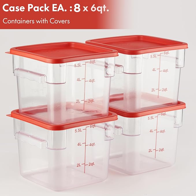 CURTA 8-Pack 6 Qt NSF Clear Polycarbonate Food Storage Containers with Red Lids - Square, Commercial-Grade, Freezer & Dishwasher Safe, Stackable