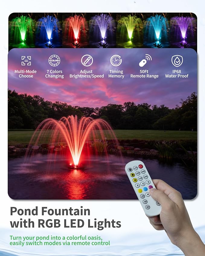 POPOSOAP Floating Pond Fountain With LED Lights, Pond Fountain Aerator Complete Kit with 1600GPH Water Pump 50FT Power Cord, 3 Spray Styles for Ponds, Pool, Lakes & Water Gardens P155
