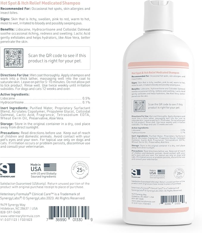 Veterinary Formula Clinical Care Hot Spot & Itch Relief Medicated Shampoo for Dogs and Cats 16oz – Helps Alleviate Sensitive Skin, Scratching, and Licking of Coat