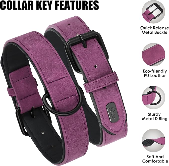 Didog Soft Padded PU Leather Dog Collar, Breathable and Adjustable Dog Collars for Medium Dogs, Comfortable for Daily Walk, Purple, L Fit Neck 14-18"(22-44 lbs)