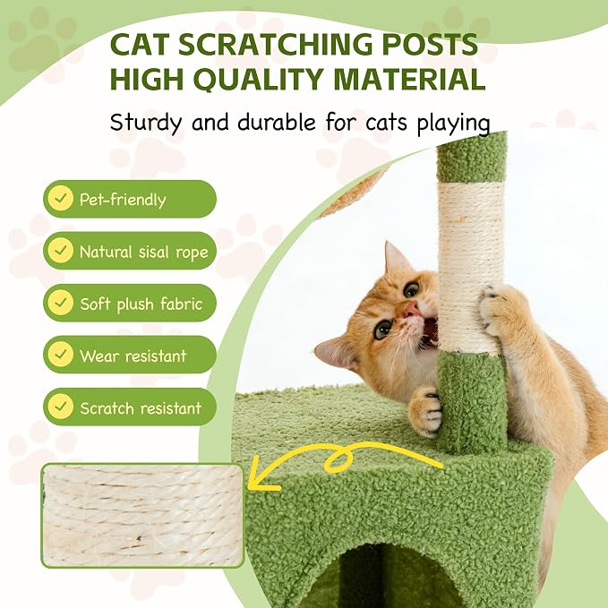 Cat Tree for Indoor Cats, 39.8-inch Cat Tower with 2 Plush Perches for Play & Rest, 1 Cozy Hideaway, Dangling Toy & Full Sisal Scratching Posts for Small Cats, Green