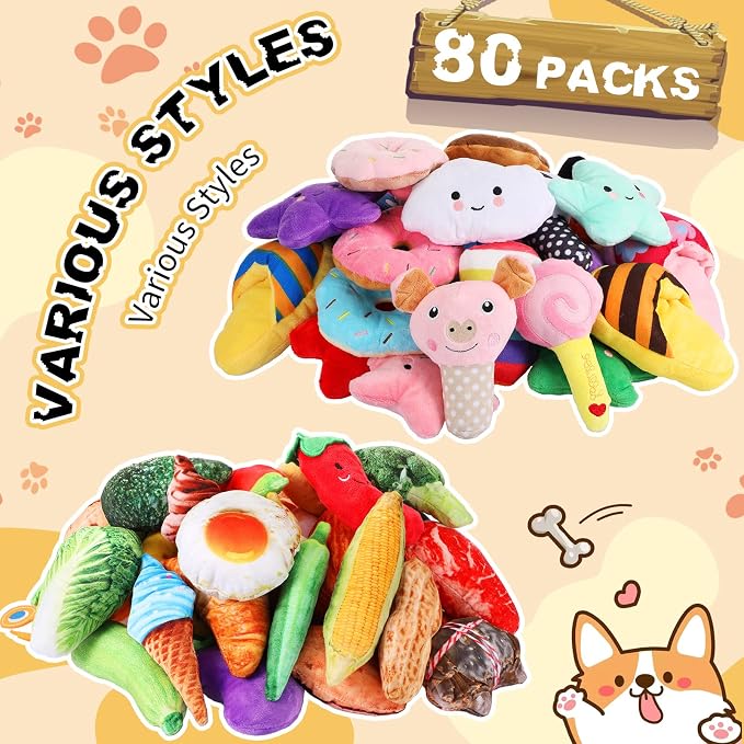 Hungdao 80 Pcs Dog Squeaky Toys Bulk for Small Dog Cute Plush Stuffed Puppy Chew Teething Toys Pet Bundle Easter Gift for Chewing Cleaning & Interactive Play(Cute Style)
